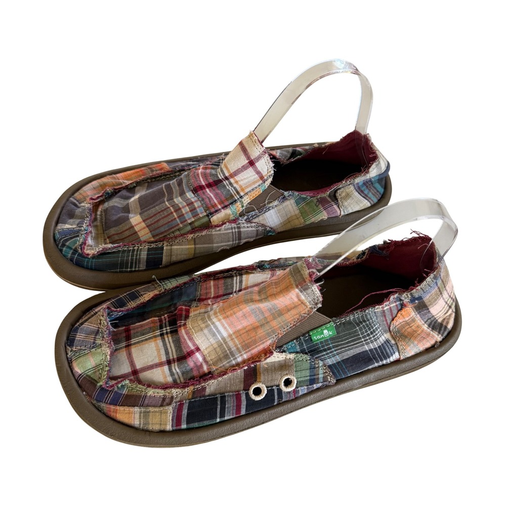 Sanuk Sidewalk Surfer Mens 10 Multi Color Patchwork Plaid Frayed Slip On Loafers